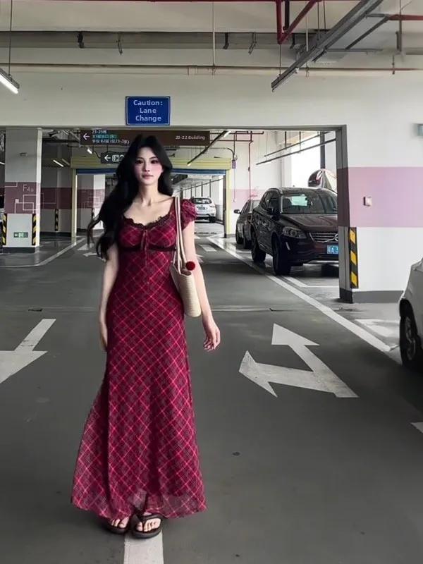 Rétro dentelle garniture bulle Sve Dr Plaid et dentelle épissage été nouvelle taille cintrée longue Dr taille haute trajet Sle