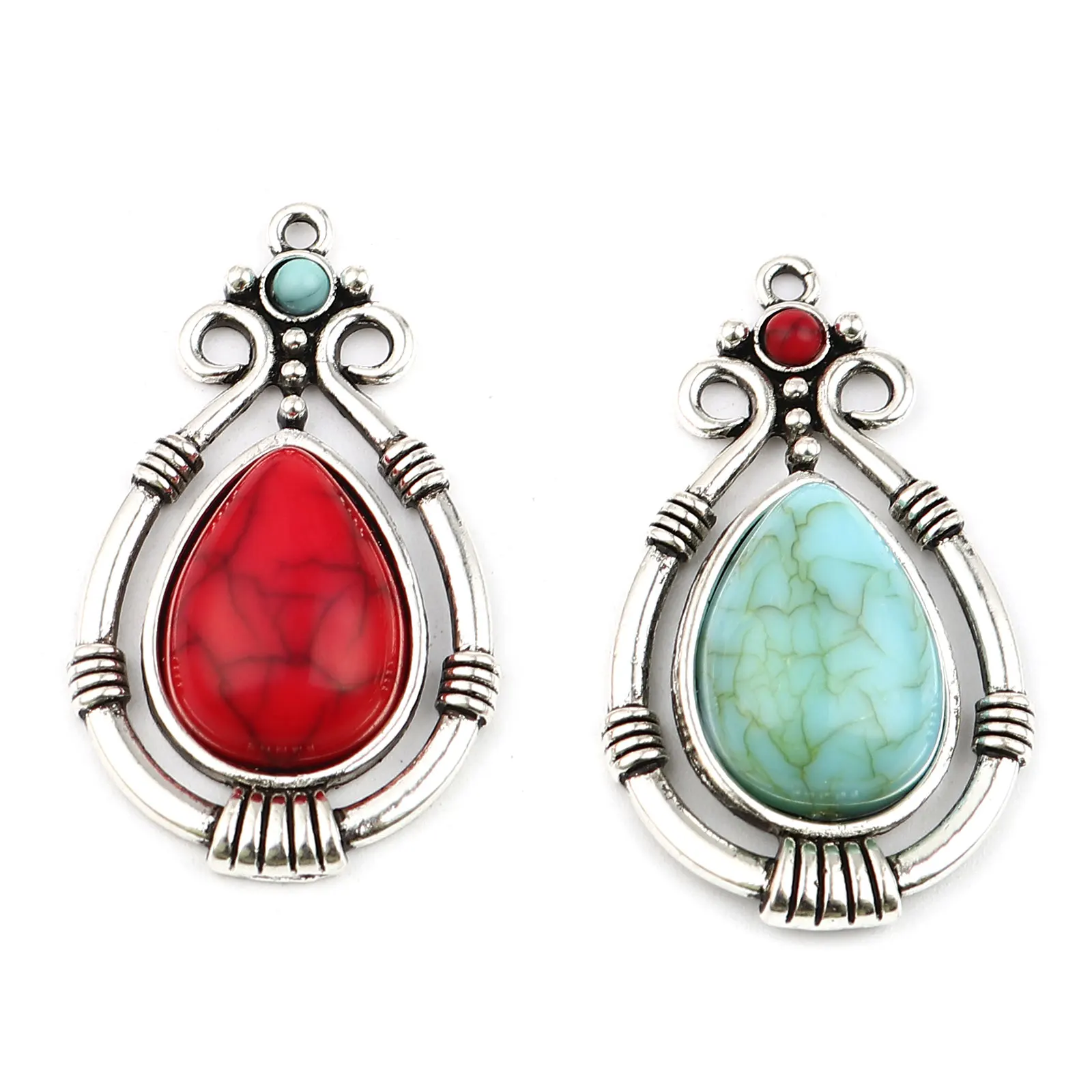 Bohemia Geometric Drop Pendants Antique Silver Color Red/Green  Metal Charms DIY Necklace Jewelry Gifts,5PCs