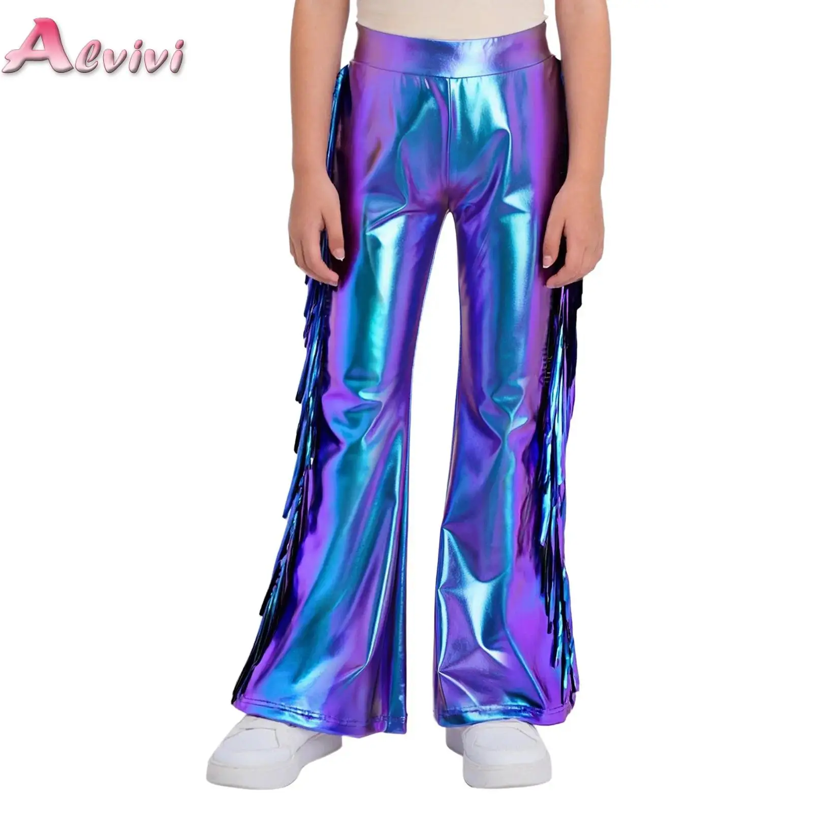 

Fashion Children Holographic Trousers Kids Girls Jazz Hip Hop Disco Dance Party Music Festival Rave Outfits Tassels Flared Pants