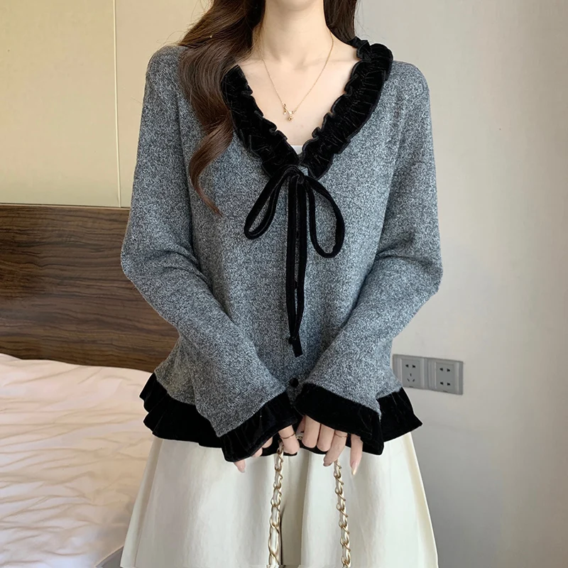 النمط الفرنسي موضة القوس سترة برقبة على شكل v 2025 المرأة الخريف جديد ريترو المخملية تقسم الكشكشة كم طويل البلوفرات تنوعا #4