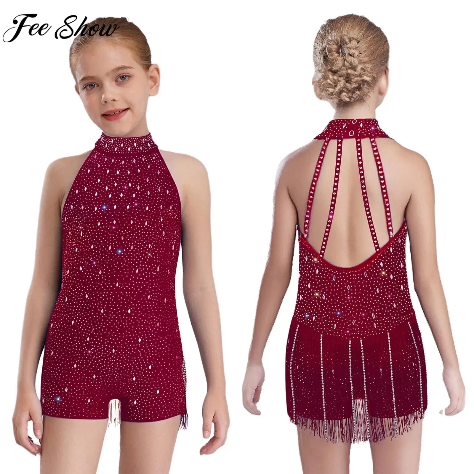 Children Girls Sleeveless Shiny Rhinestones Tassel Latin Jazz Dance Jumpsuit Cha-cha Samba Tango Skating Gymnastics Bodysuit