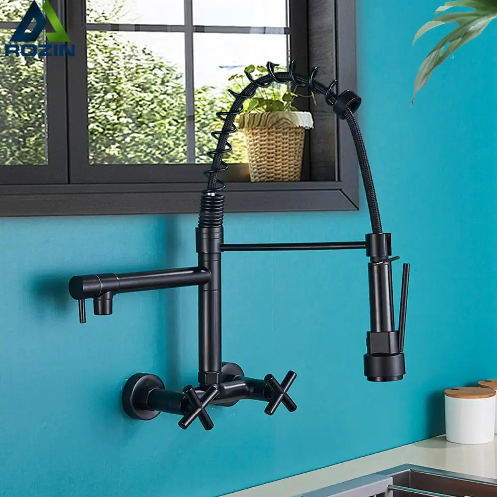 Rozin Black Kitchen Faucet Dual Handles Hot Cold Water Kitchen Mixer Tap Wall Mounted Dual Swivel Spout Spring Pull Down Faucets