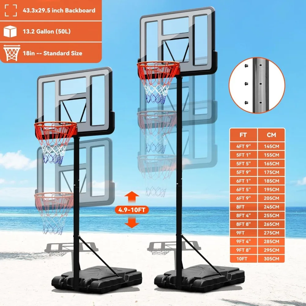 Portable Basketball Hoop Outdoor, 4.9-7.5ft/10ft Adjustable Height, 32 inch/44 inch Shatterproof Backboard Basketball Hoop