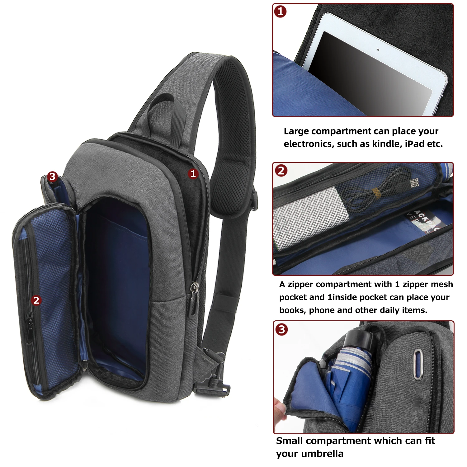 KINGSLONG-Sac de Poitrine Multifonctionnel pour Homme, dehors de Plein Air Décontracté, Étanche, Multi-Poches avec Port USB, Sacs pour Ordinateur Portable