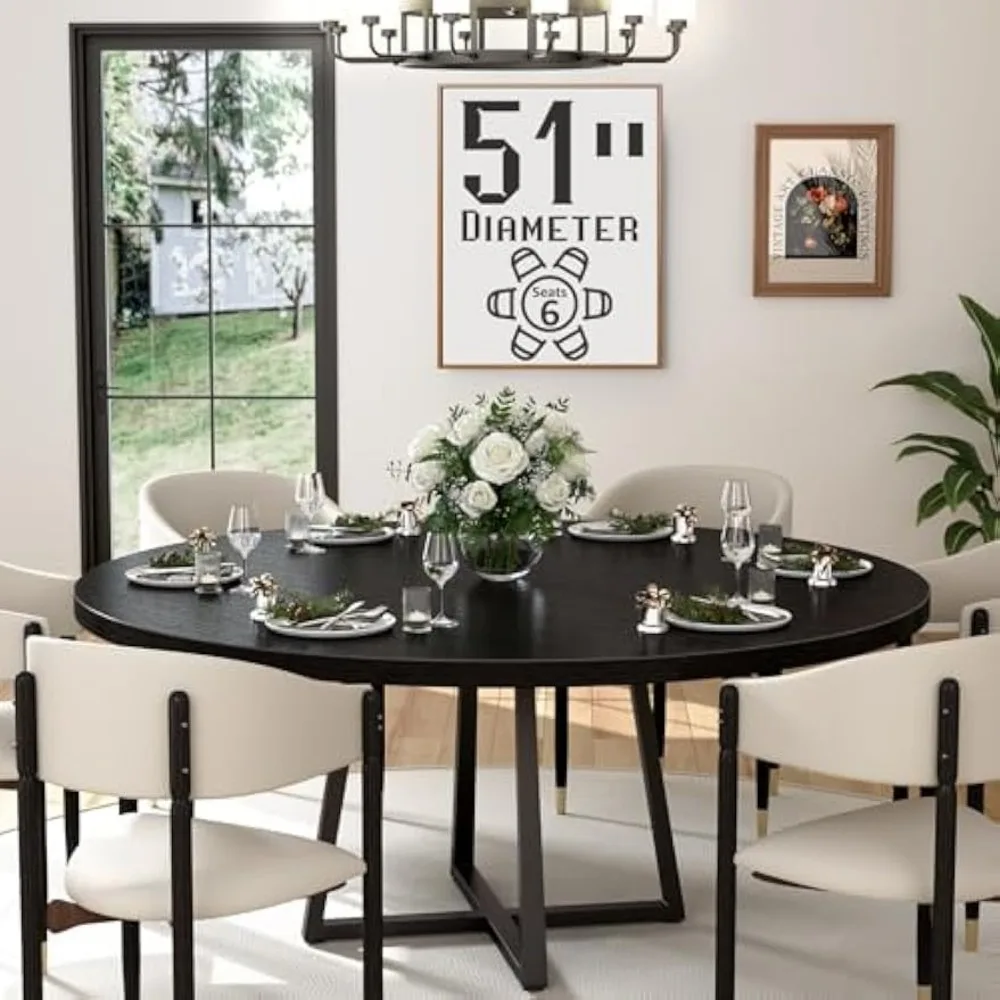 

Black Round Dining Table for 6 - Modern Circle 51 Inch Large Room Kitchen Dinning Tables for 4 to 6 Person Seats Small Spaces Wo