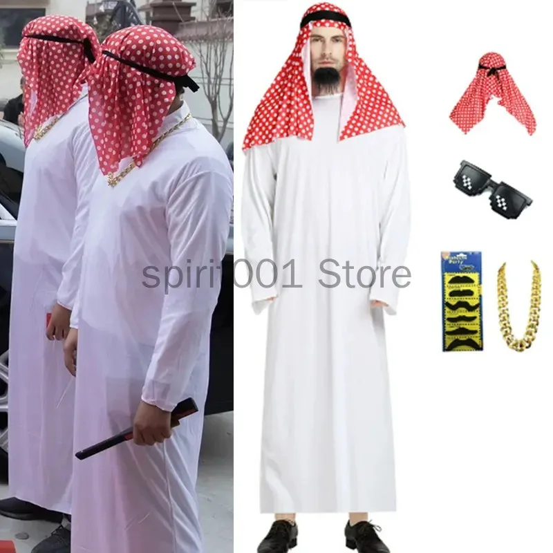الكبار العربية الشيخ هالوين زي الشرق الأوسط الأمير العربي تأثيري الزي سلطان الأبيض رداء أحمر عقال حفلة بوريم