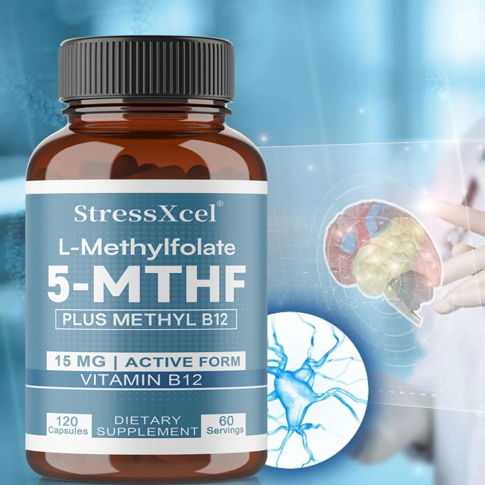 Cápsulas de L-Metilfolato - Metilfolato Activo de Alta Potencia, Equilibra el Estado de Ánimo, Apoya la Salud del Cerebro y el Corazón, Sin GMO, Sin Gluten