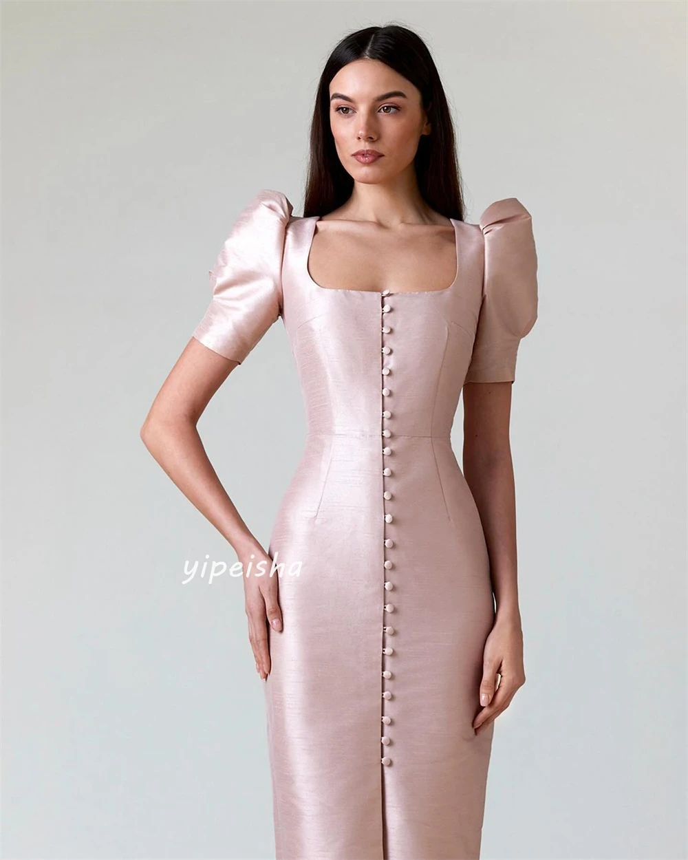  Evening Satin Button Pleat Clubbing A-line Square Collar Bespoke Occasion Gown Midi Dresses Saudi Arabia