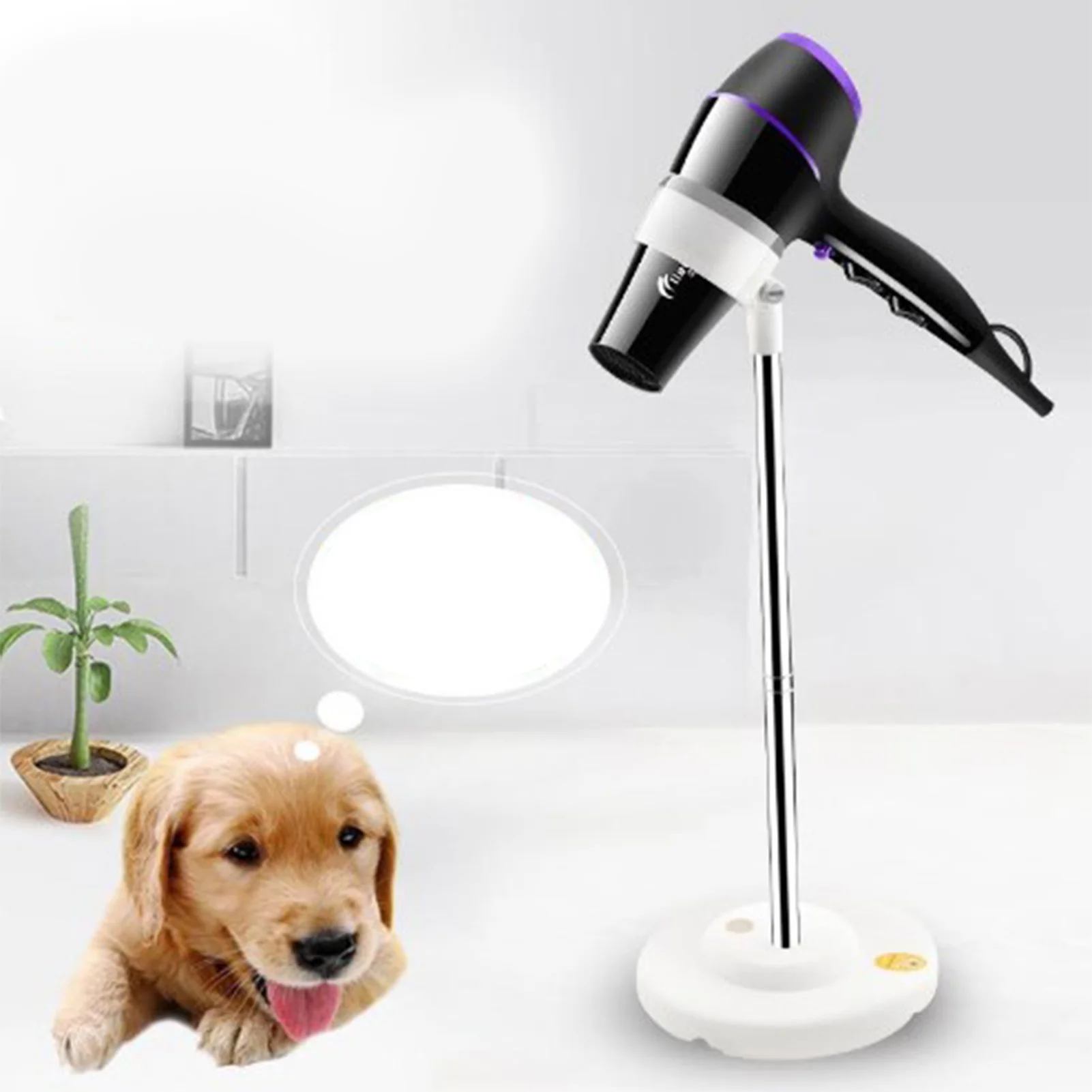 Hair Dryer Stand Rotatable Space Aluminium Blow Dryer Floor Stand Adjustable Angle Retractable Design Stable Base for Bathroom