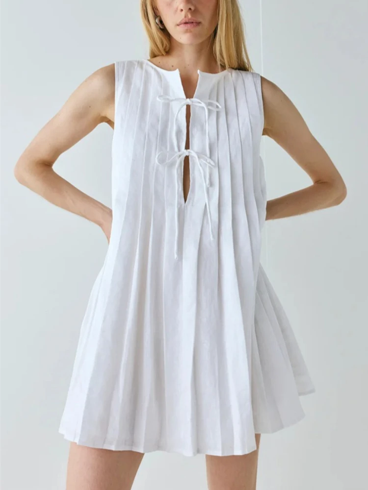 Tsiisd Casual Pieghe Mini Abito Per Le Donne Lace-Up Senza Maniche Solido Allentato Allentato Patchwork Estate 2026 Nuovo Vestito Vestito delle Donne