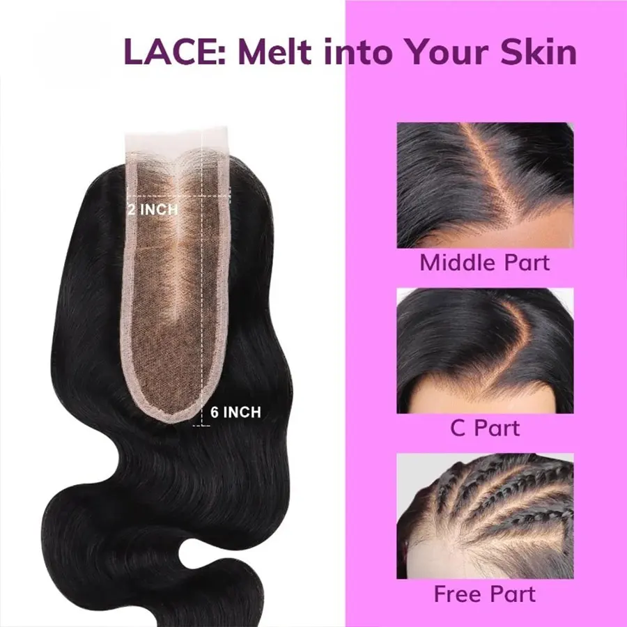 Rambut Asli Body Wave 2x6 HD Lace Invisible Melt Skins Human Hair Closures Raw Hair 6 inci Deep Part HD Lace Closures Pre Plucked Untuk Wanita