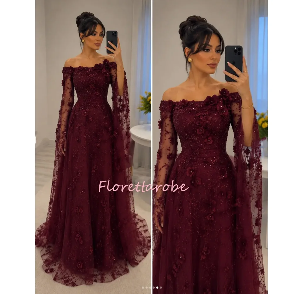 Maßgeschneidertes Burgunderrotes Abendkleid mit Schulterfreiem Design und 3D-Blumenapplikationen, A-Linie, für Hochzeiten und Formelle Anlässe