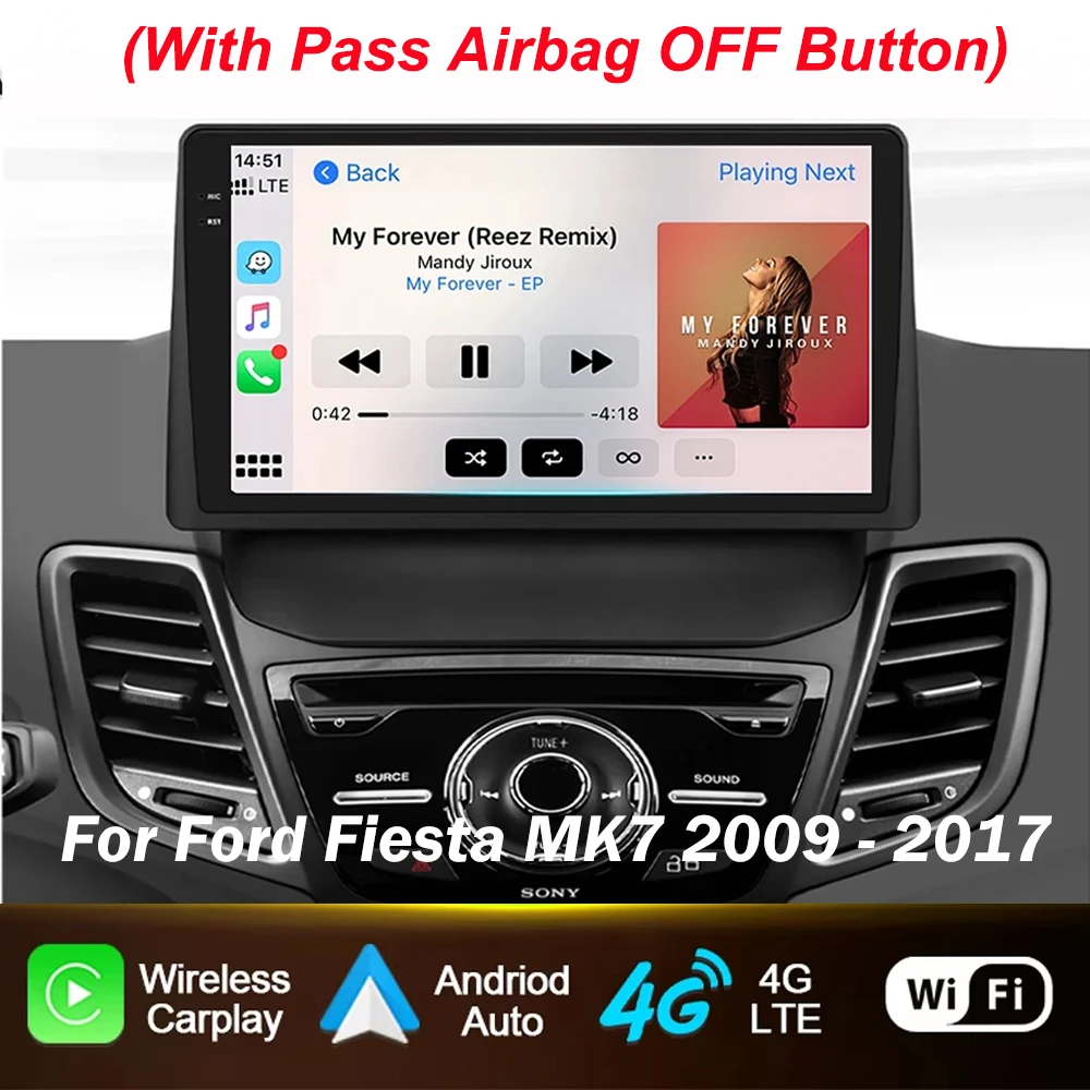 

Экран автомобильной магнитолы для Ford Fiesta MK7 2009-2016 с кнопкой отключения подушки безопасности, поддержкой CarPlay и Android Auto, мультимедийный проигрыватель