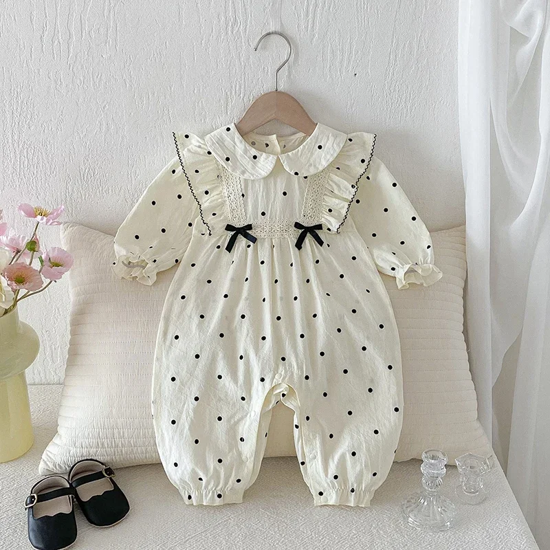 2025 New Autumn Toddler Baby Girls Romper Long Sleeved Cotton Dot Print Infant Baby Girls Jumpsuit 0-24M Children Clothes