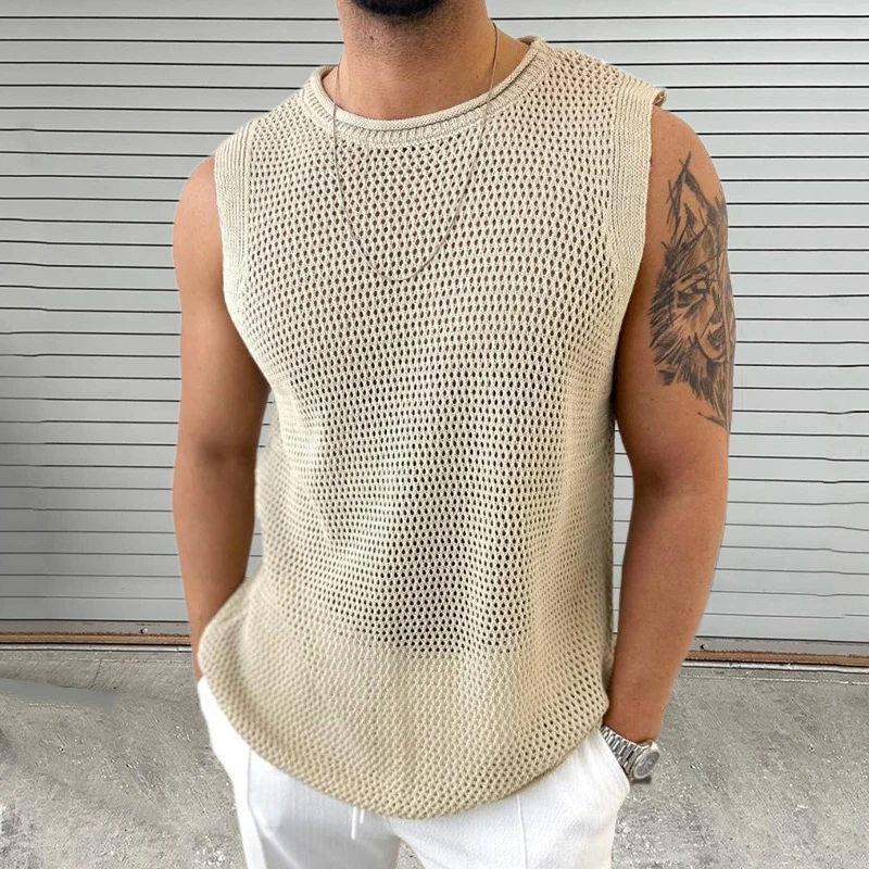 Knitwear Mens Casual Tank Tops Pure Color Hollow Out Vintage Men Knit Camisole Sleeveless O Neck Leisure T Shirt Male Streetwear