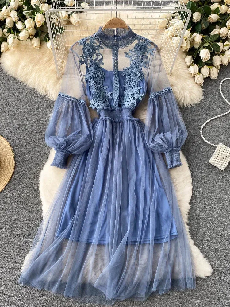 Gagarich Ladies Dress Three Dimensional Flower Hook Mesh Temperament Stand Collar Lantern Sleeve High Waist Slim Female Dresses