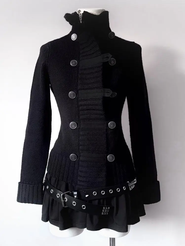 고딕 펑크 패션 여성 니트 스웨터 2000년대 겨울 버튼 후드 하라주쿠 레트로 그런지 Y2K 코트