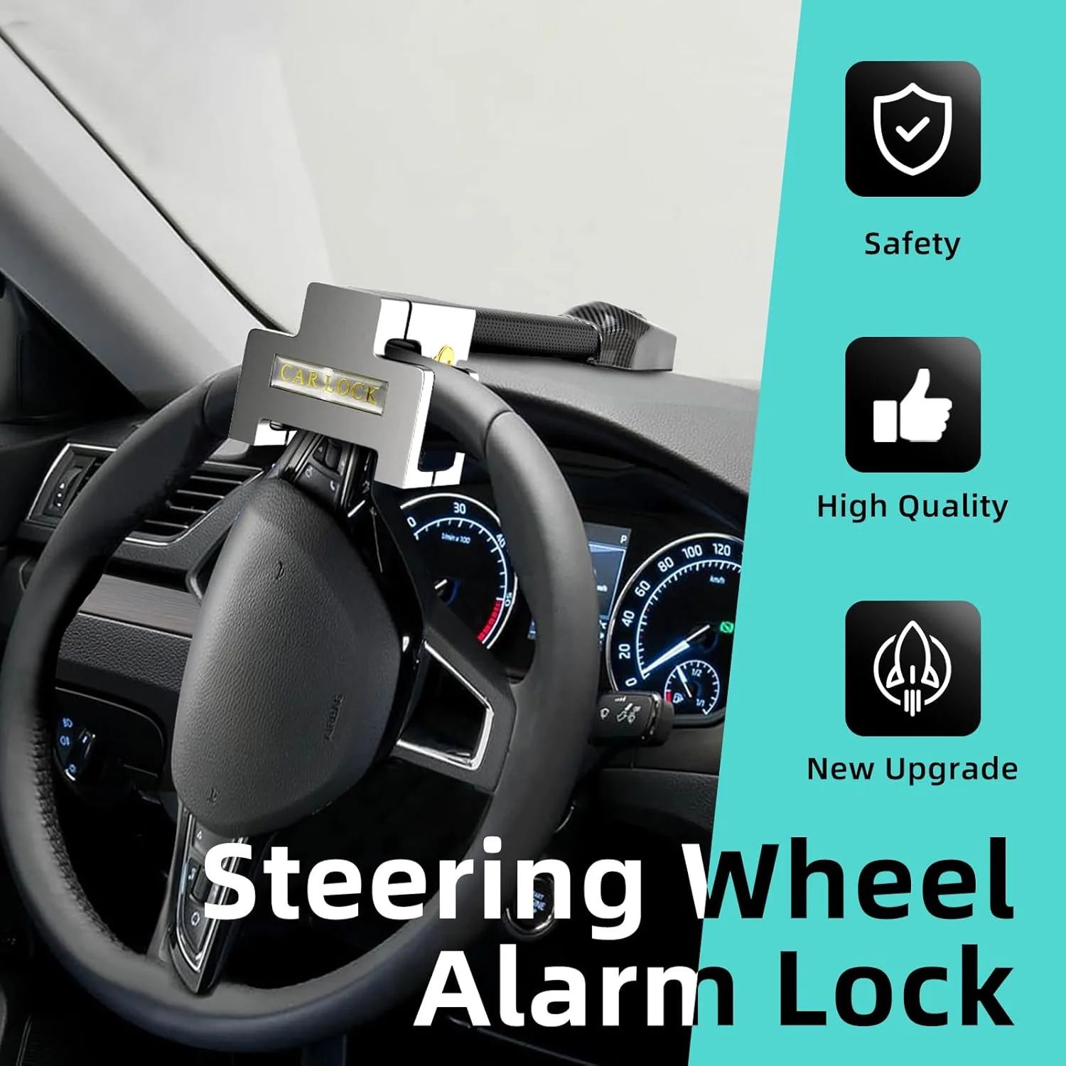 Anti-Theft Steering Wheel Lock with Alarm, Car Security Lock , Heavy Duty Car Anti Theft Device with 2 Keys Black
