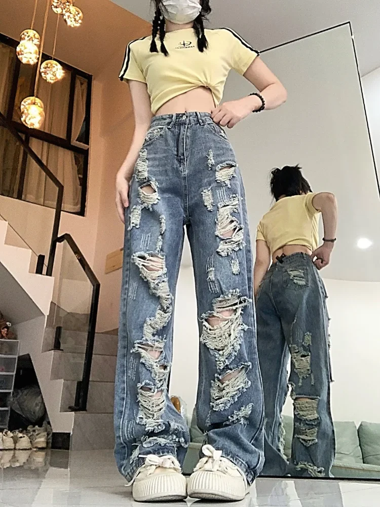 Ladies Casual High Waisted Baggy Ripped Slouchy Jeans for Women Clothing Girls Fashion Denim Wide Leg Pants Female Clothes 2131