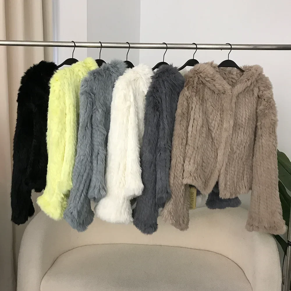 

Rabbit fur women's coat Autumn and winter new encrypted thickened hand-woven double-sided hooded Korean short fur coat for women