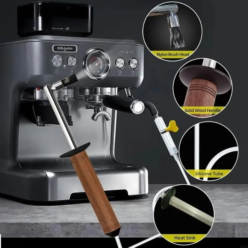 Double Layer Heat Resistant Stainless Steel Steam Cleaning Brush With Wooden Handle For Coffee Machine Care 