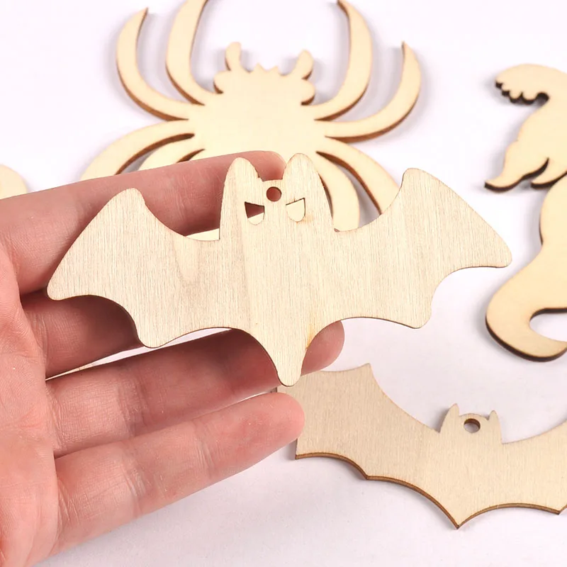 10Pcs 4.5-10cm Unfinished Halloween Decorations Bat/Spider/Ghost Wooden Crafts DIY Blank Hanging Ornaments Home Party Supplies