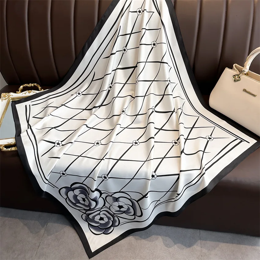 90*90cm Silk Scarves Women Print Satin Square Head Hijab Ladies Luxury Shawl Bandanna Female Muffler Chiffen Wrap Foulard Ribbon