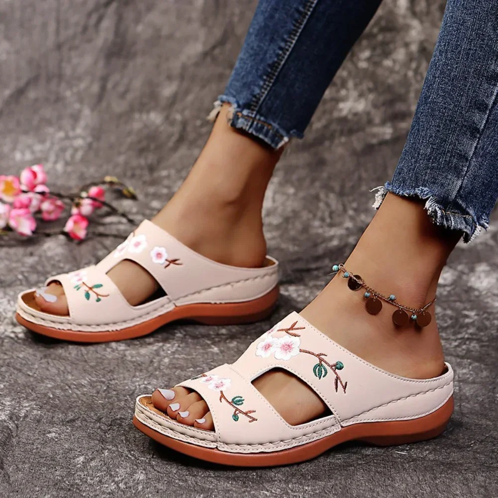 Summer Hollow Embroidery Slope Heel Women\'s Slippers Casual Comfortable Flats Women\'s Orthopedic Wedge Sandals