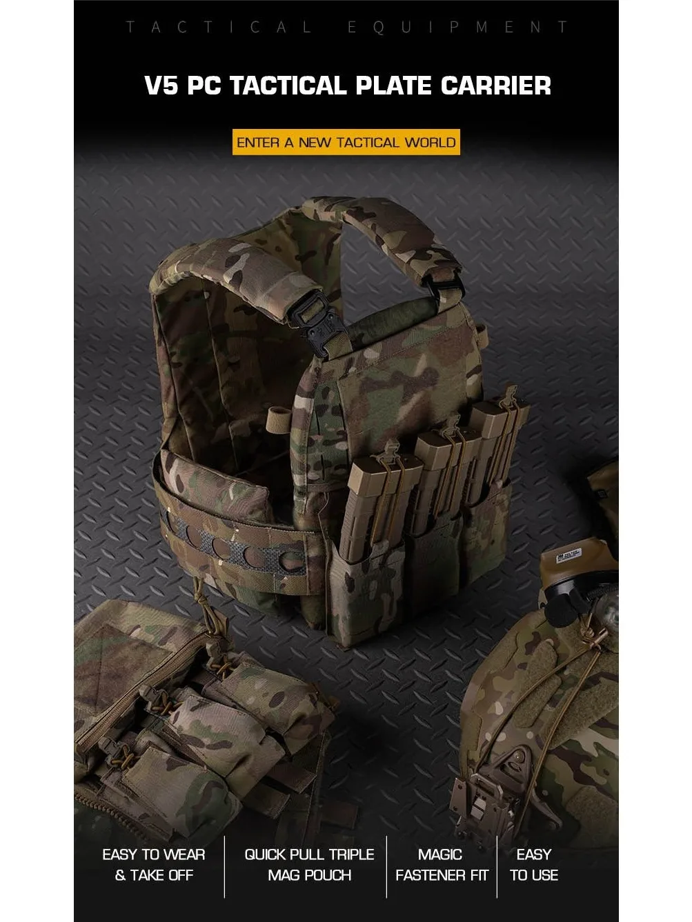 V5 FCPC Tactical Plate Carrier Quick Release Portable Body Armor Molle Airsoft Hunting Vest with 556 Triple Magazine Pouch