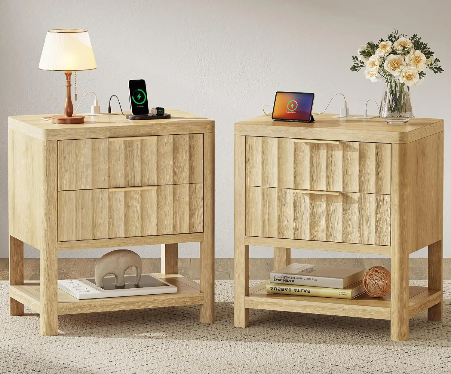 

27.6 Inch Tall Night Stands with Charger Station, Fluted Nightstand Set of 2, Larger Wider Bed Side Table with 2 Deep Drawers