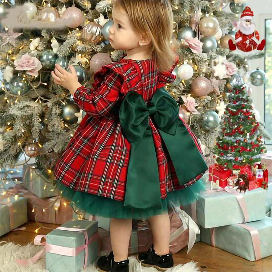 

2025 Christmas Baby Girl Red Dress Kids Toddler Girls Plaid Bow Mesh Tutu Princess Dresses Children New Year Party Xmas Costumes