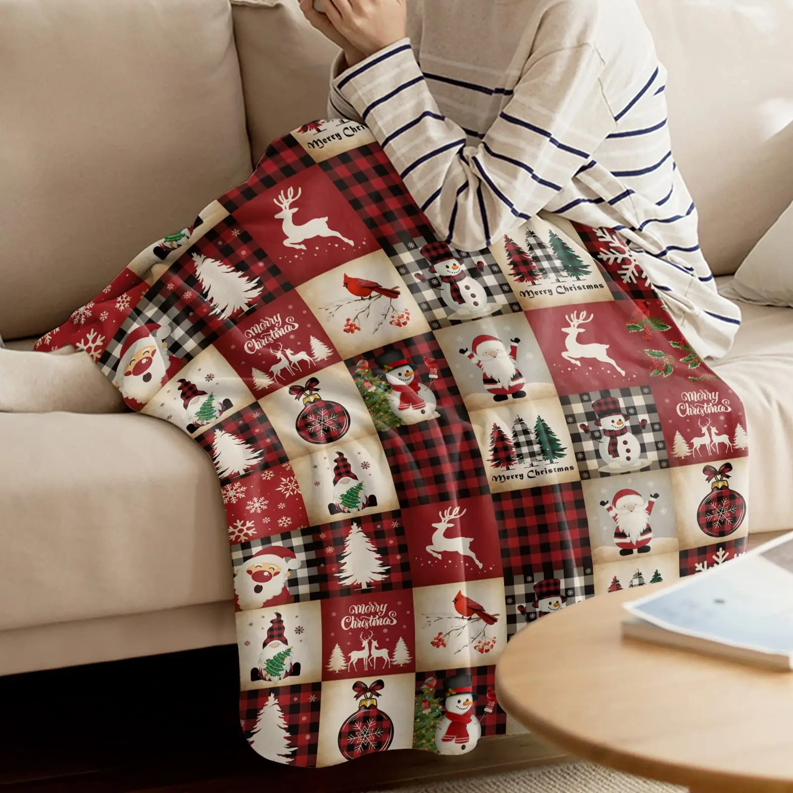 

KACISSTY Christmas Red Plaid Blanket Cartoon Santa Snowman Flannle Throw Blankets Cozy Warm Fuzzy Quilts Xmas Gifts Dropshipping