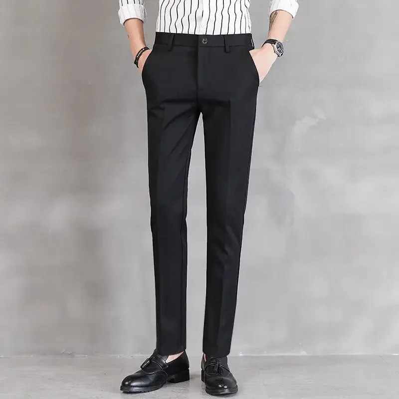 Elastic 9 Cropped Business Men\'s Summer Pants Straight Stretch Male Suit Trousers Black Social Tailoring Clothes Offer Work Wear