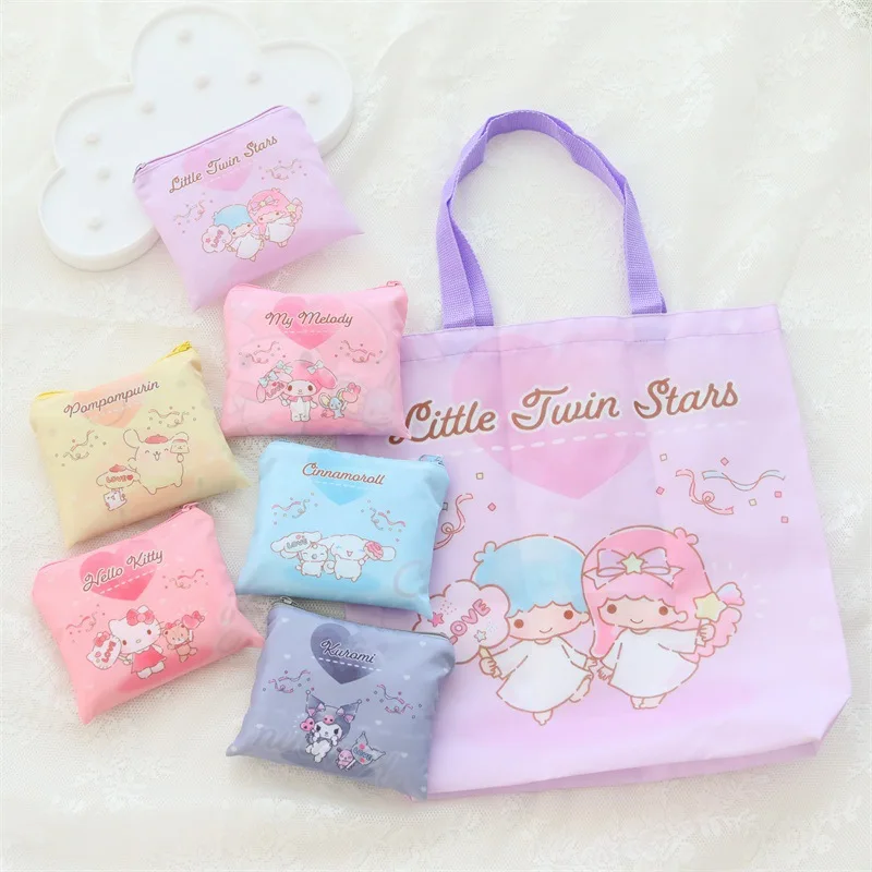 Anime Sanrio Cinnamoroll Kuromi Hello Kitty My Melody Cute Cartoon Handheld Folding Organizer Supermarket Shopping Bag Gift