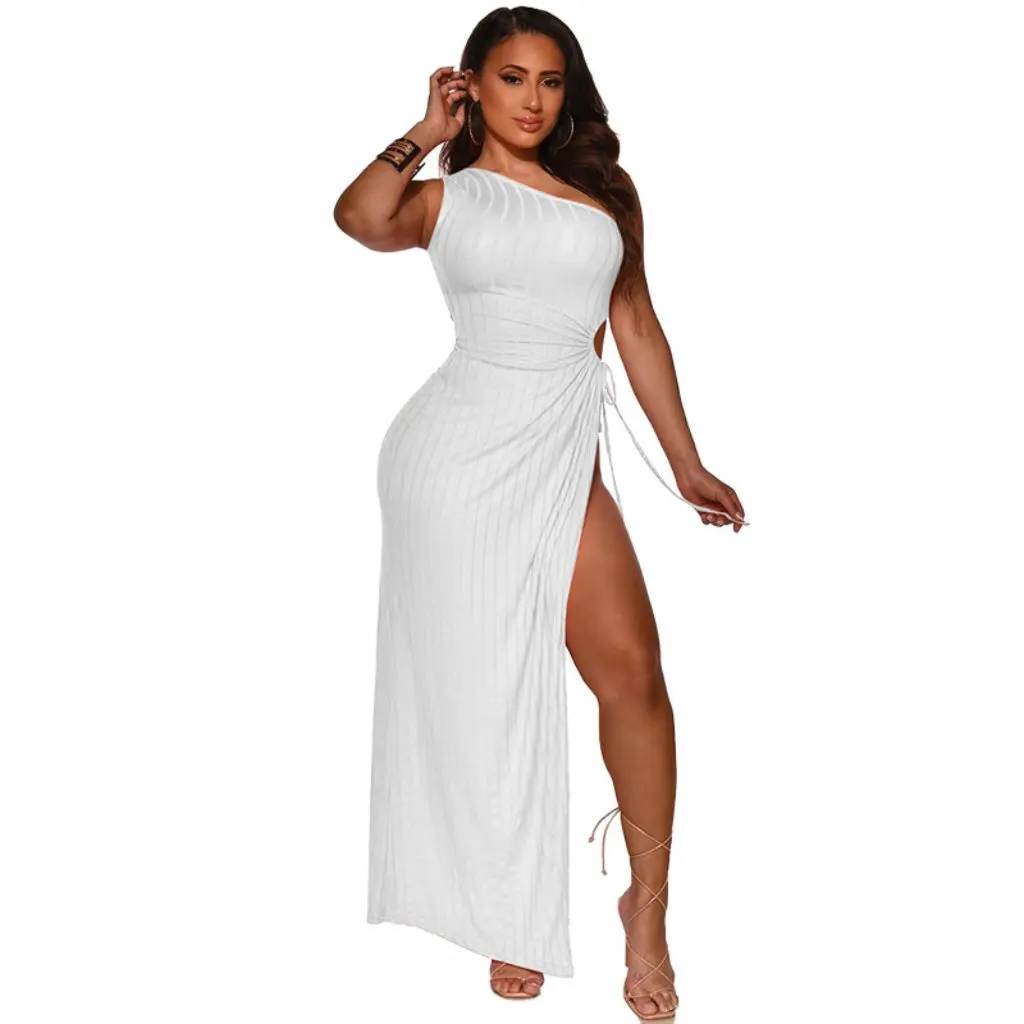 K9881 Hochelastisches One-Shoulder-Sexy-Split-Kleid, einfarbiger Nachtclub-Rock für Frauen in Europa und USA