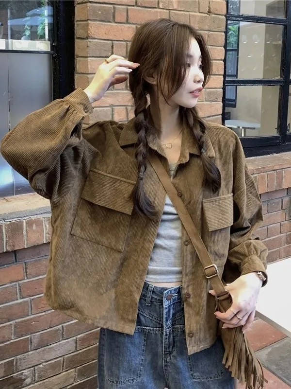 Retro Corduroy Shirt Jacket Spring 2026 New Korean Style Design Collar Open Cardigan Women Trendy Short Outerwear Ladies