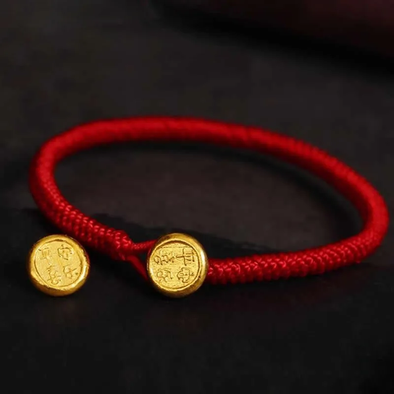 New 24K Yellow Gold Bracelet Women 999 Gold Red String Round button Bracelet