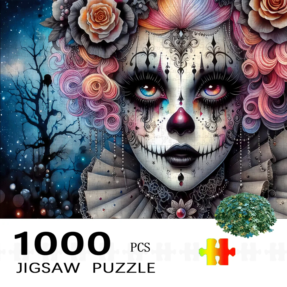 

Готический пазл с изображением клоуна, 1000 шт., сложный дизайн для макияжа с розами и черепами, большая бумажная игрушка для взрослых и семьи,