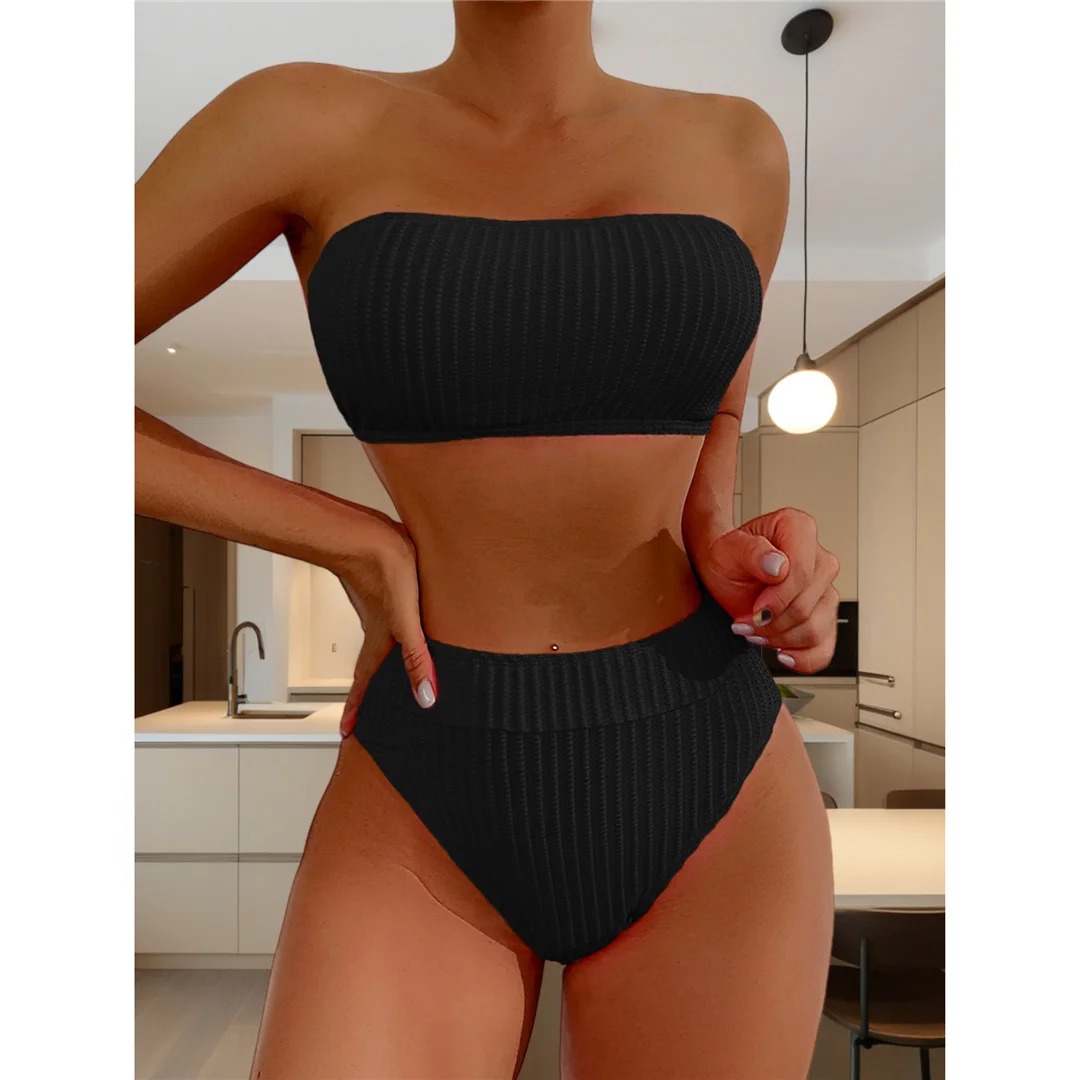 S - XL Bandeau-Bikini mit Falten, Damen-Badeanzug, Bikini mit hoher Taille, zweiteiliges Bikini-Set, Badebekleidung, Badeanzug, Modell V5904. – Detail 27