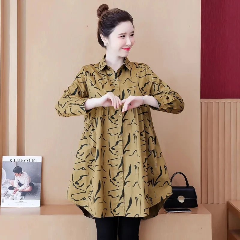 Spring Autumn Button Up Casual Tops Long Sleeve windbreaker2022Srping New Fashion Korea printing Shirt Mid-Length Trench Coat