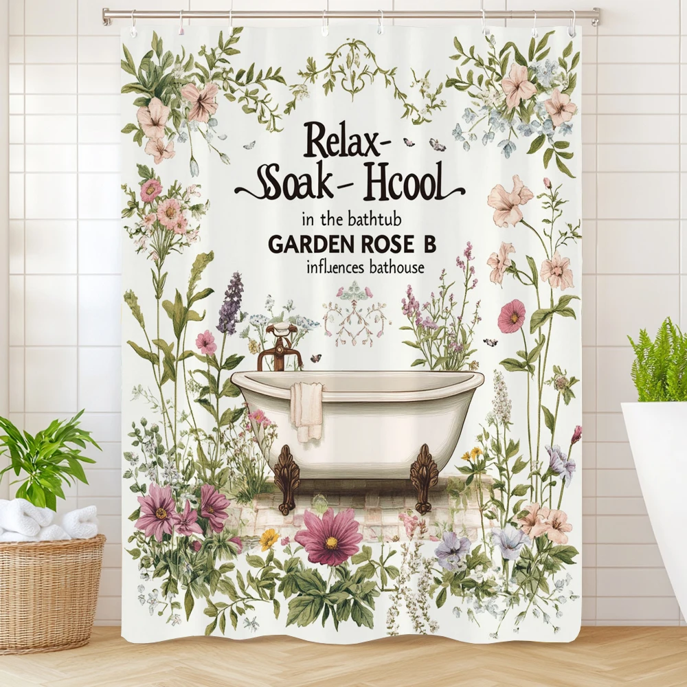 

Flowers and Plants in Spring Bathtub Pattern Printed Shower Curtain, Bathroom Decorative Shower Curtain, Home Curtain with Hooks