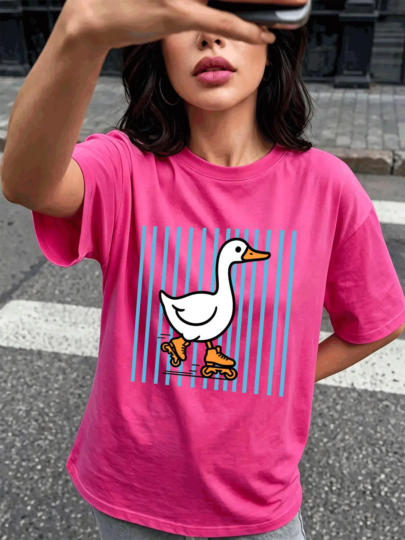 White Goose Roller Skating Print Women T-Shirt Casual Breathable Short Sleeve Cotton Loose Streetwear Summer O-Neck T Shirts