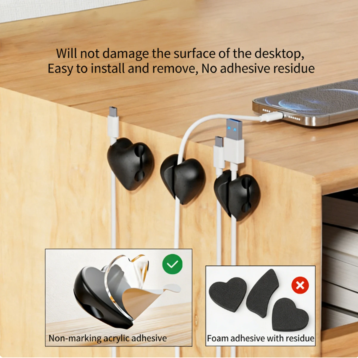 Heart-Shaped Desktop Cable Organizer, Data Cable Storage and Sorting Clip, Cable Organizer Fastener Clip, Adhesive Cable Holder for Network Cables, Computer Mouse, and Headphone Wires