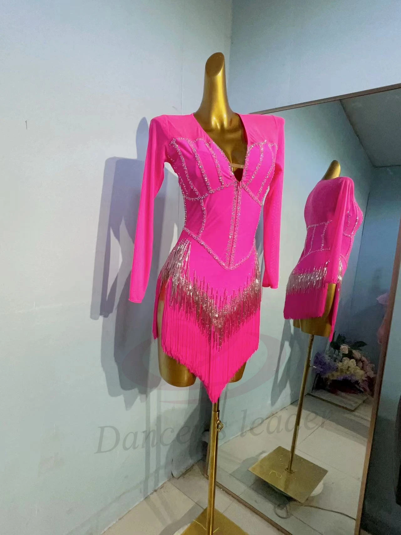 Latin Dance Professional Dress High-end Custom Pink Tassel Stitching Silver Chain Samba Women Adult Standard Stage Costume