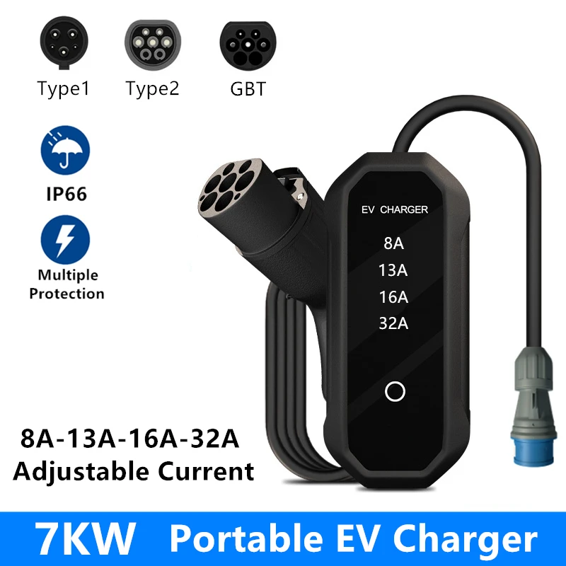 New Portable EV Charger Type 2 Type 1 GBT 7KW 32A Charging for IEC62196 J1772 GB/T Electric Vehicle Car Fast Charger