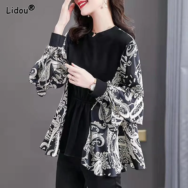 Casual Fashion O-neck Straight Loose Long Sleeved T-shirts Patchwork Print All-match Trend Spring Autumn Women\'s Clothing 2022