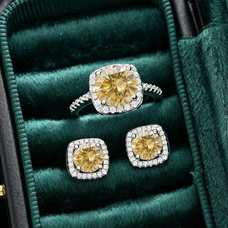 BR S925 Silver 18K White Gold Plated Moissanite Set 3ct Ring Twisted Band & 1ct Square Stud Earrings Round Cut Fashion Jewelry