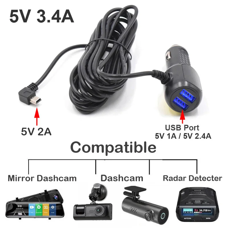 ミニマイクロUSB車の充電器3.5メートル5V 3.4A 2つのUSBポート付き車のDVRダッシュカメラGPSビデオレコーダー、入力DC 8V-36V