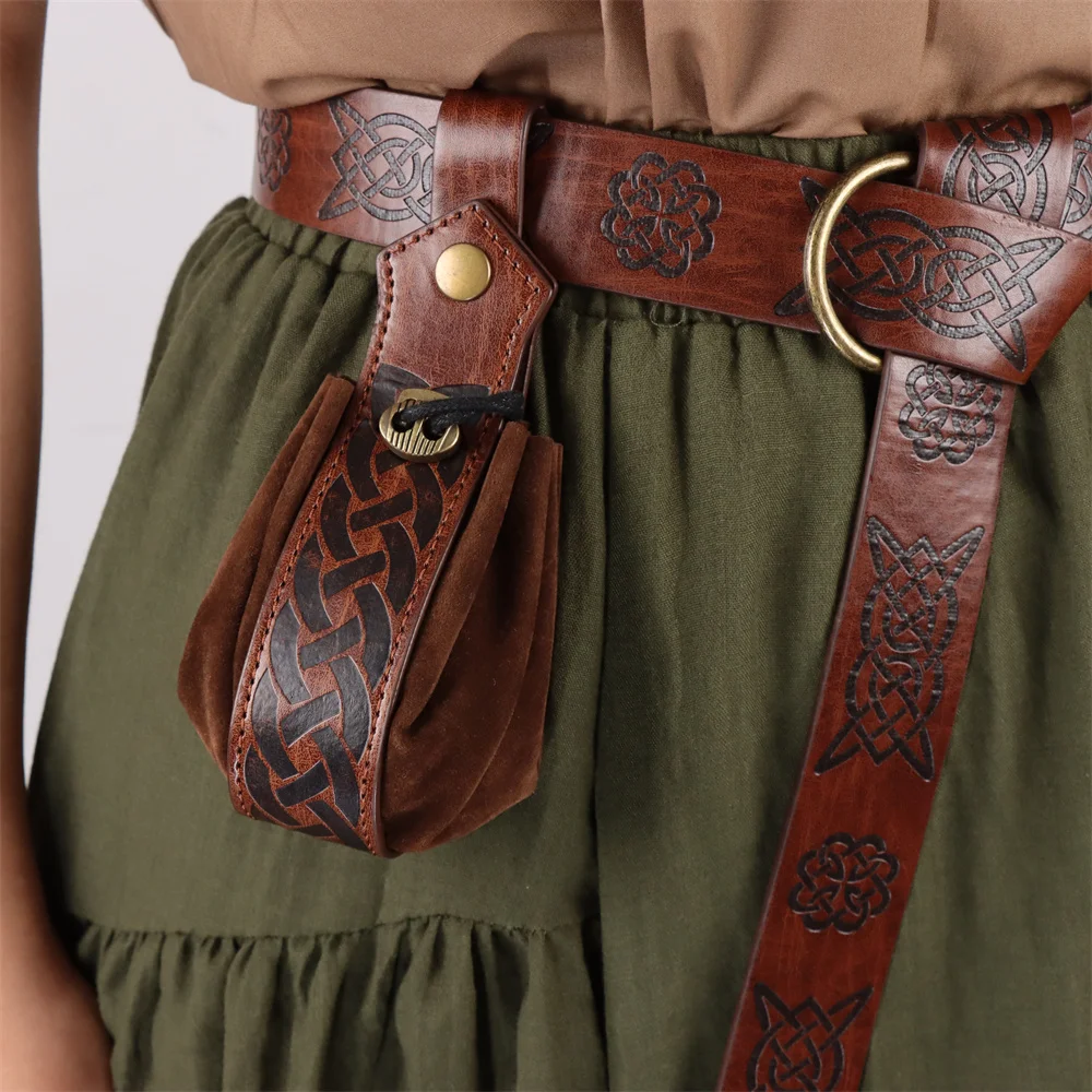 Renaissance Halloween Cosplay Belt Elf Leaf Leather Cover with Potion Glass Magic Bottle Viking Knight Role Playing Dress Up Bag