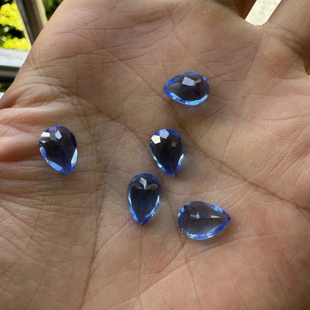 Wholesale 5pcs Natural Blue Quartz Bead 7x10mm Pear Drop Brilliant-Cut Semi-Precious Gemstone Jewelry Cabochon Ring Face
